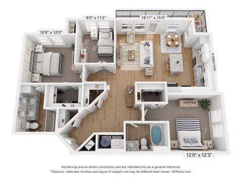 Floor plan for 3 beds, 2 baths, 1295 sqft